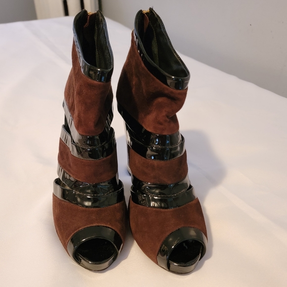 Tory Burch Lucille Brown Leather Peep Toe Logo Ankle US 9M - Picture 4 of 14